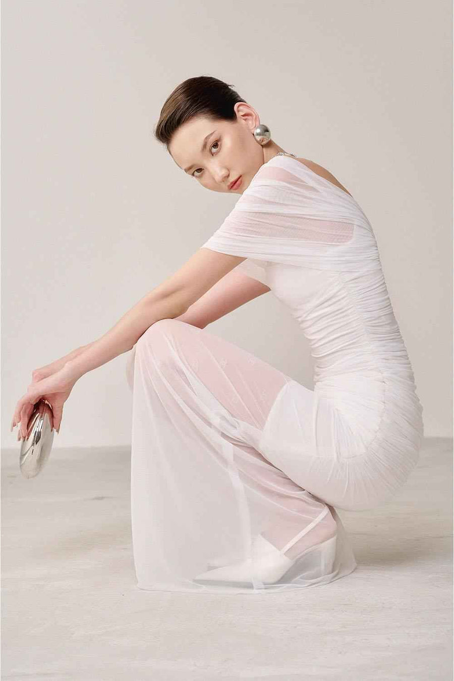 Tolvin Gathered Diagonal Neck Organza Spandex Maxi Dress