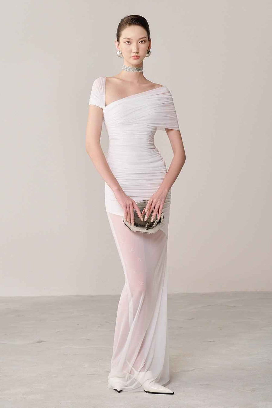 Tolvin Gathered Diagonal Neck Organza Spandex Maxi Dress