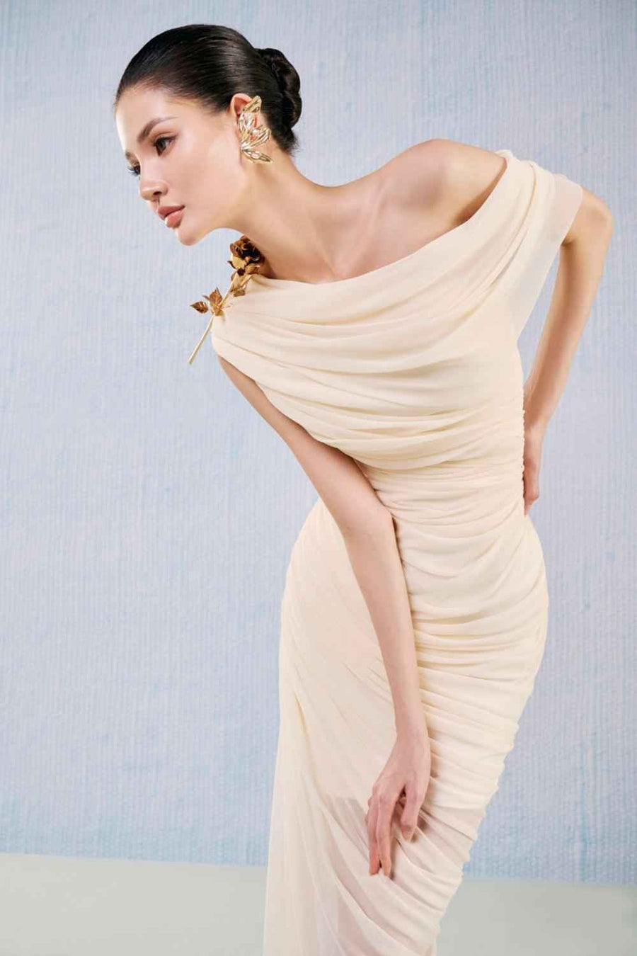 Topaz Asymmetric Gathered Viscose Floor Length Dress