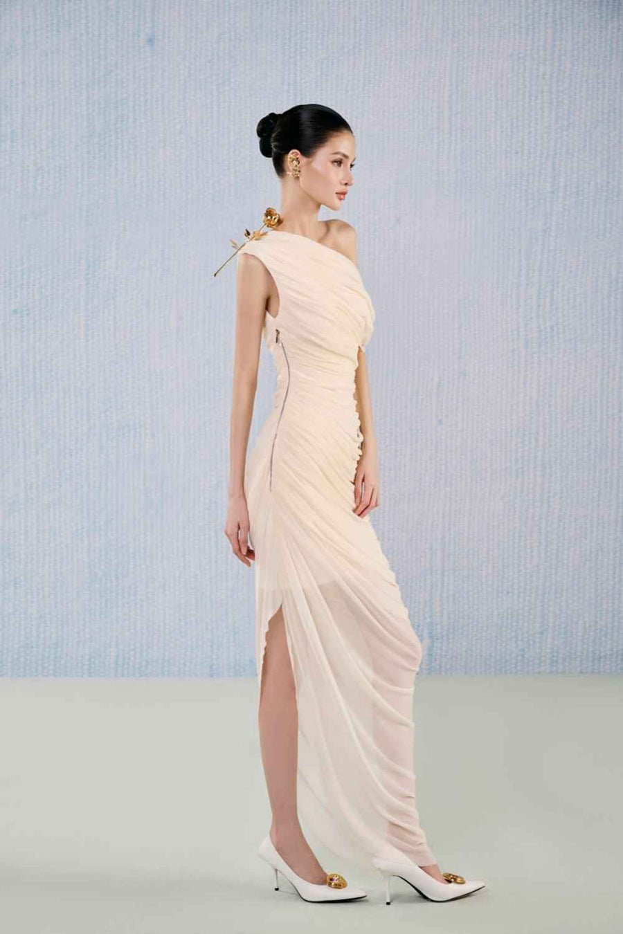Topaz Asymmetric Gathered Viscose Floor Length Dress