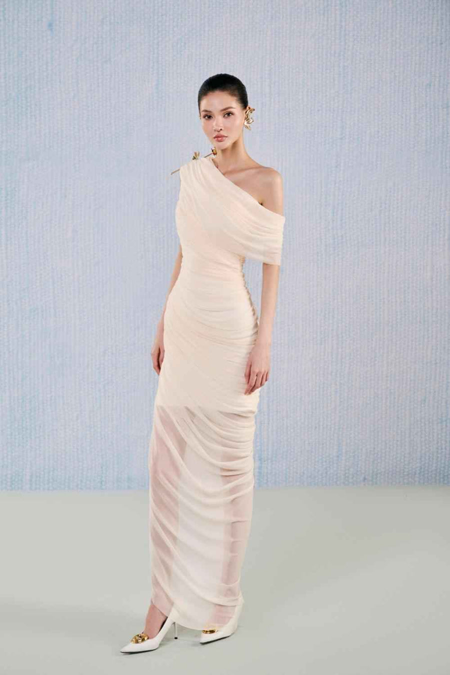 Topaz Asymmetric Gathered Viscose Floor Length Dress