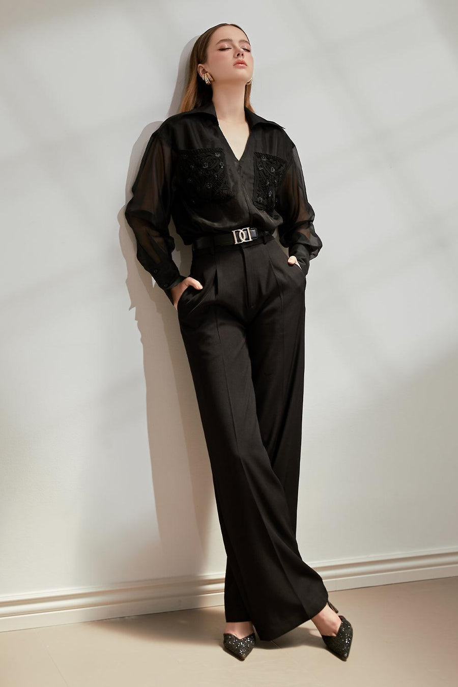Toran Straight Collared Neck Mesh Shirt Shirt Darling Diva