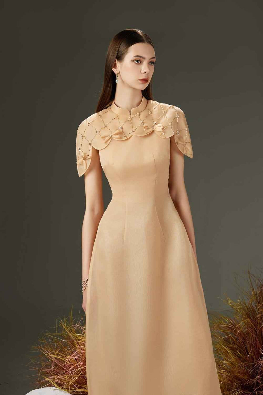 Tristan A-line Cape Sleeved Organza Floor Length Ao Dai Set