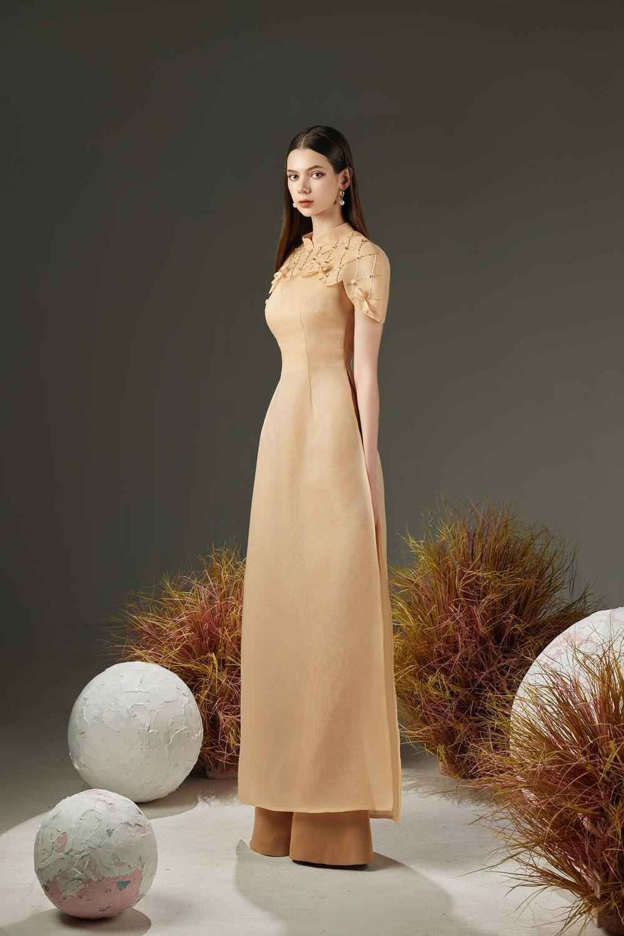 Tristan A-line Cape Sleeved Organza Floor Length Ao Dai Set