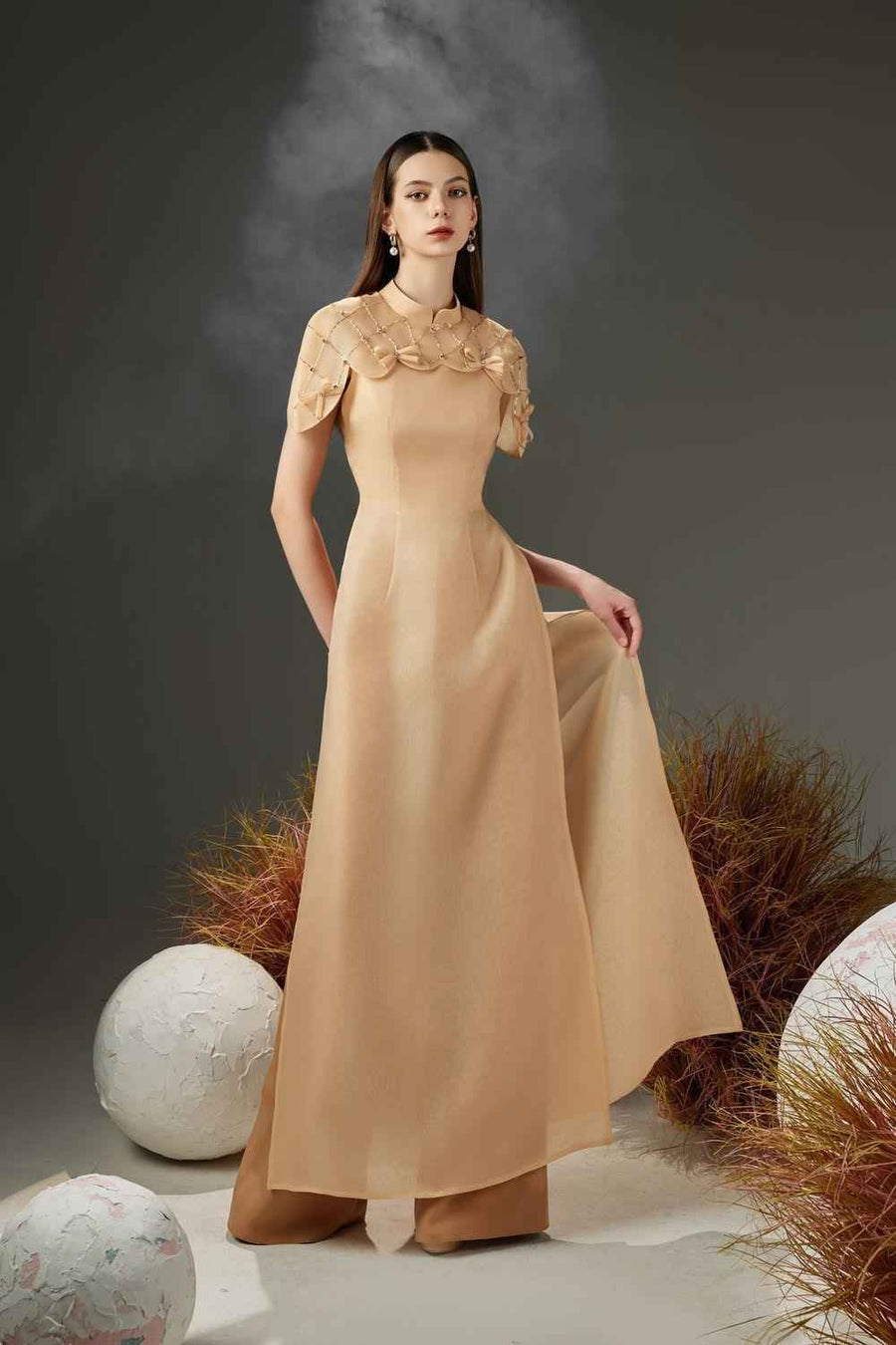 Tristan A-line Cape Sleeved Organza Floor Length Ao Dai Set