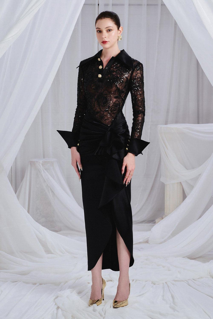 Tristen Asymmetric Waist Pleated Organdy Ankle Length Dress 4