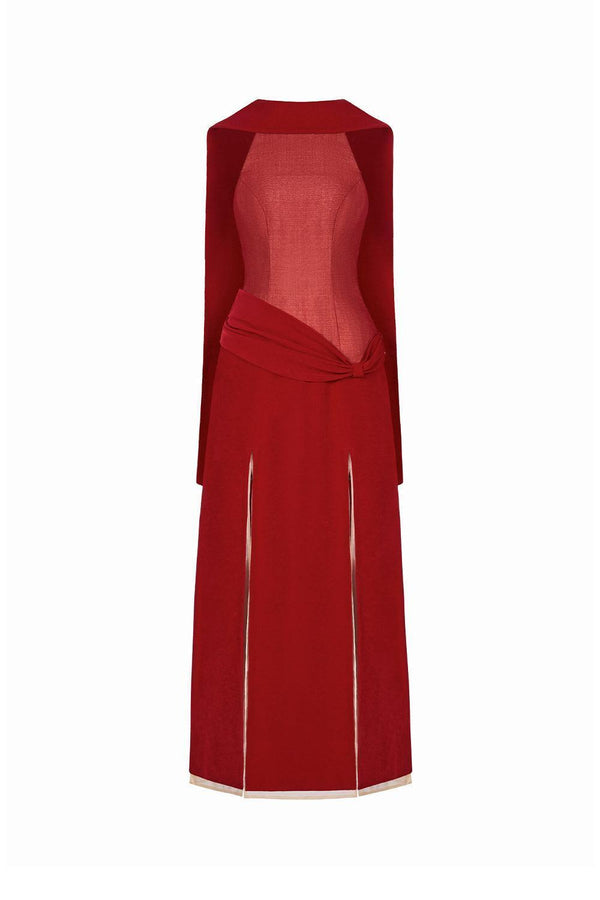 Tuc Mach Slit Scarf Neck Velvet Ankle Length Dress