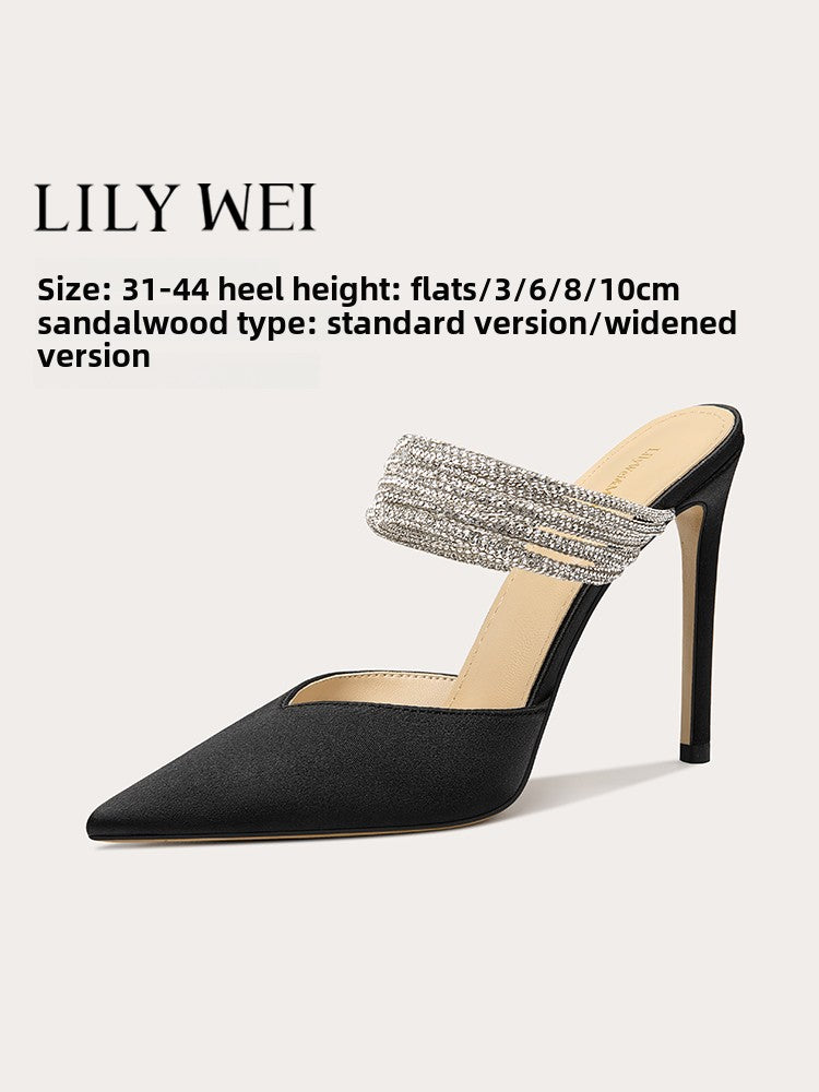Lily Wei2025 new sandals beautiful rhinestone temperament high heel slippers small size women's summer wear Shoes RESSALINA