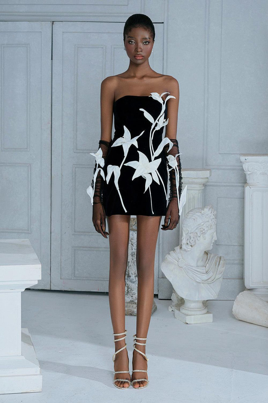 Tulip Flower A-line Straight Across Neck Velvet Mini Dress 1