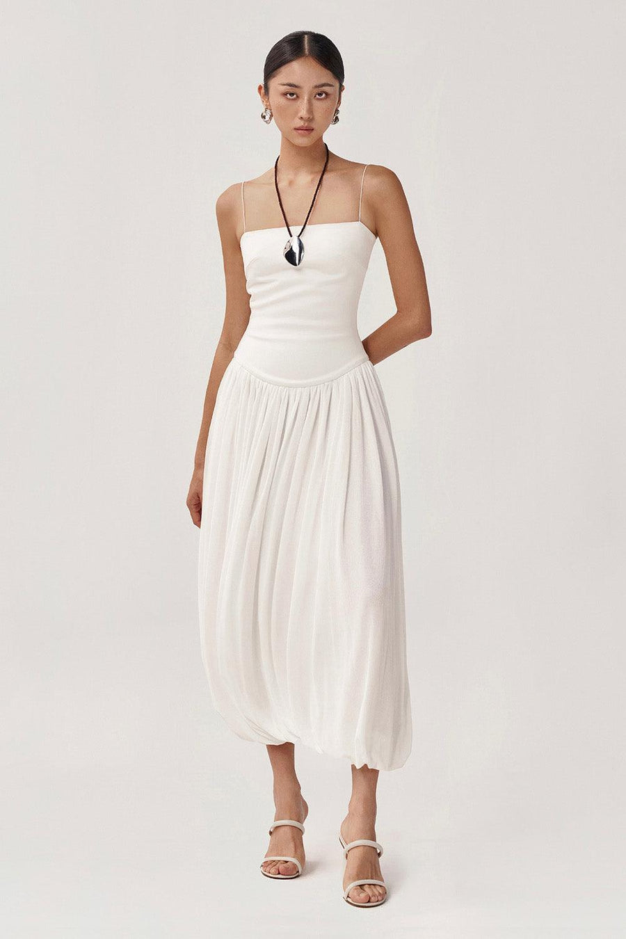 Tulip Gathered Spaghetti Strap Cotton Spandex Midi Dress Midi Dress FAIR LADY