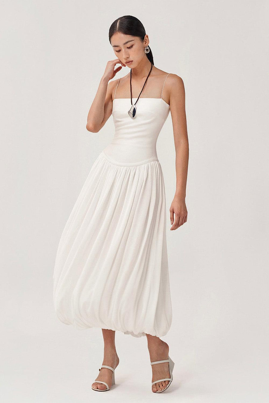 Tulip Gathered Spaghetti Strap Cotton Spandex Midi Dress White Midi Dress FAIR LADY