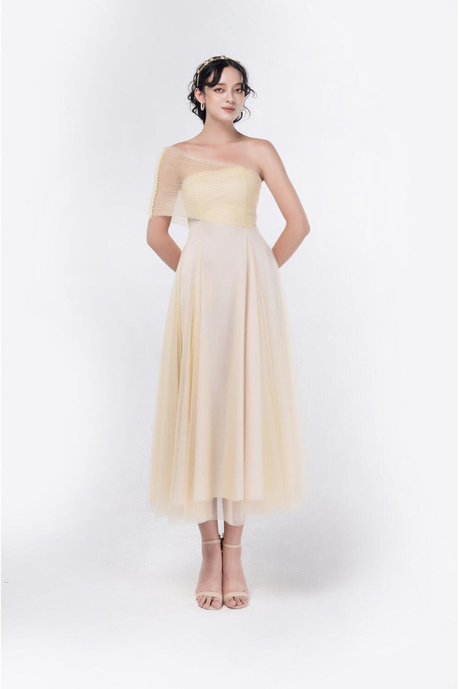 Turkel A-line One Shoulder Mesh Sheer Midi Dress 12
