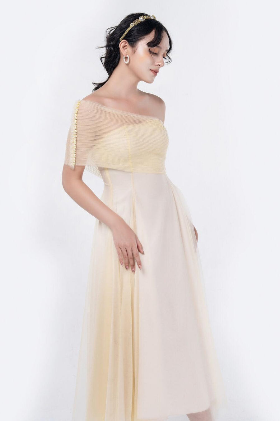 Turkel A-line One Shoulder Mesh Sheer Midi Dress 13
