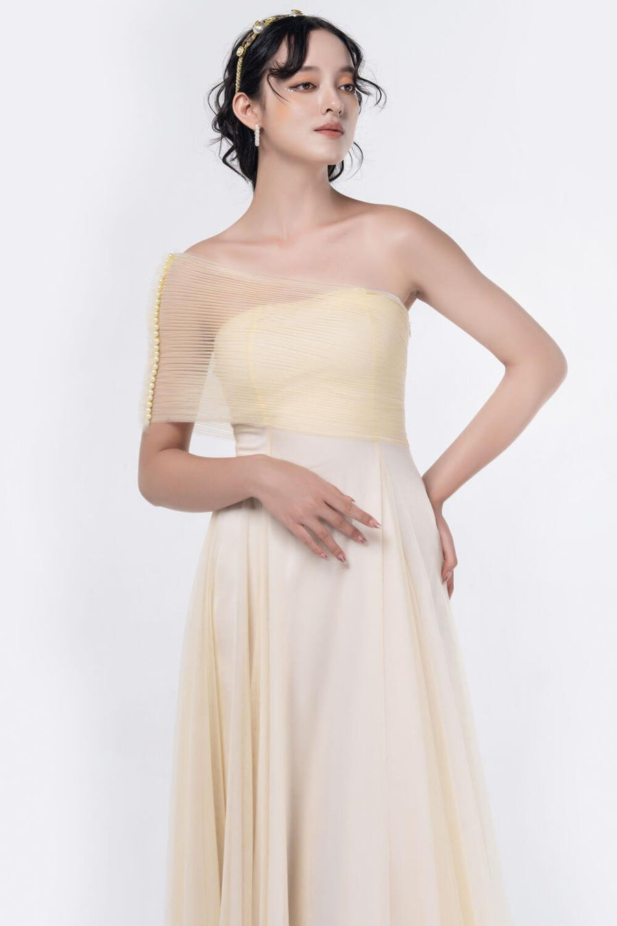 Turkel A-line One Shoulder Mesh Sheer Midi Dress 14