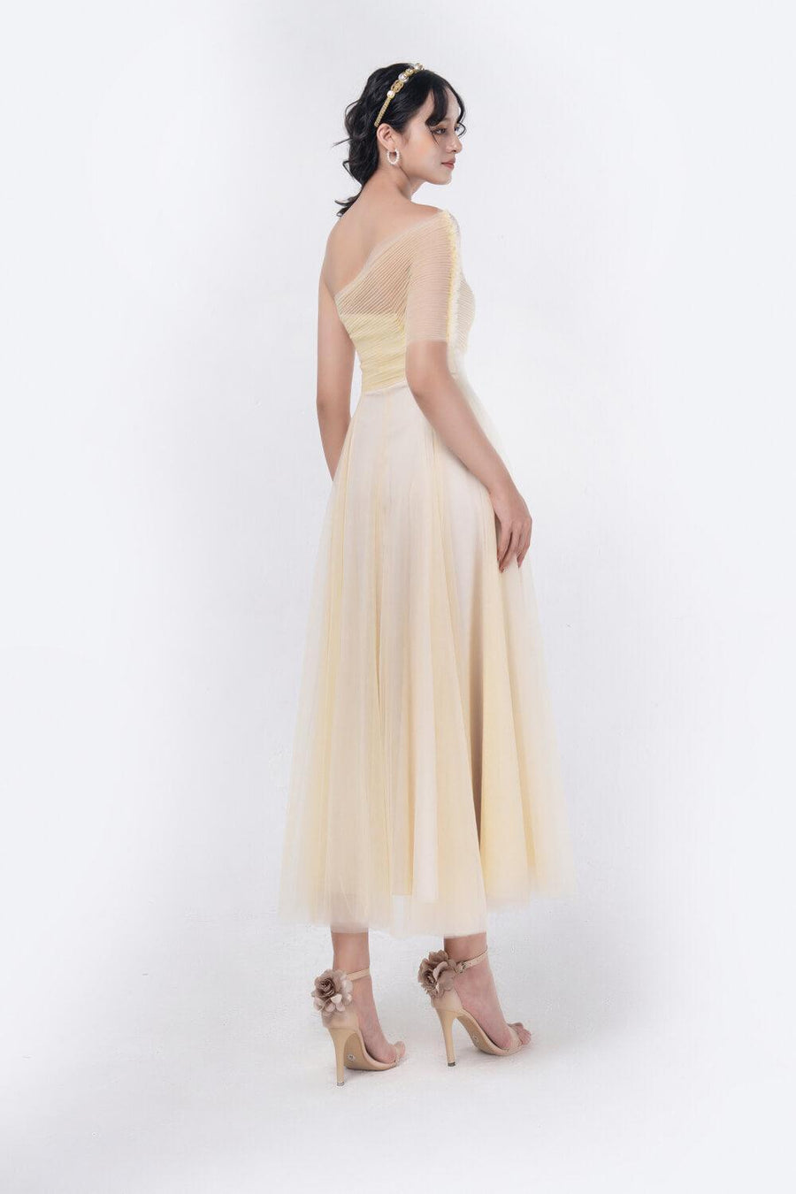 Turkel A-line One Shoulder Mesh Sheer Midi Dress 15