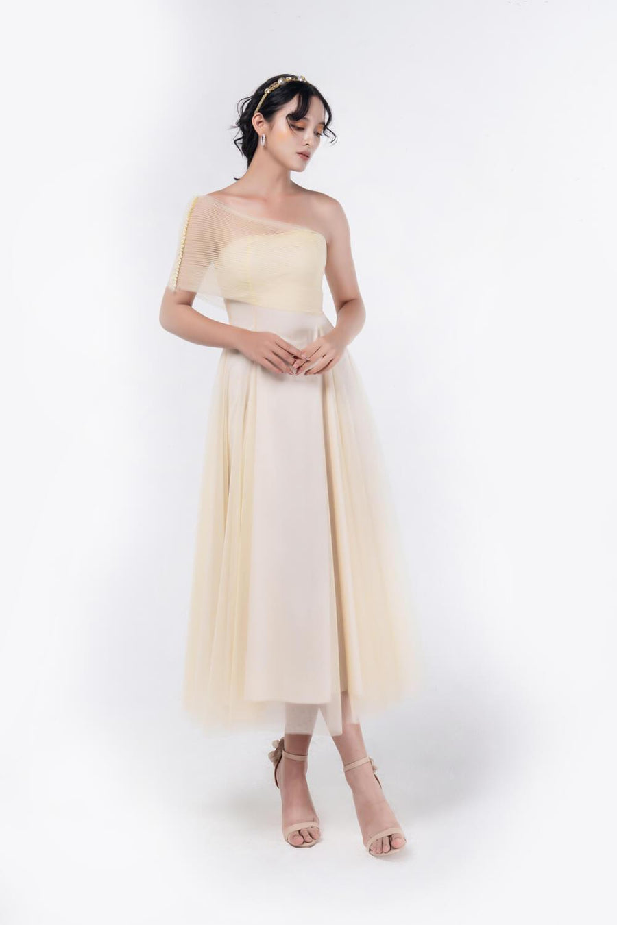 Turkel A-line One Shoulder Mesh Sheer Midi Dress 16