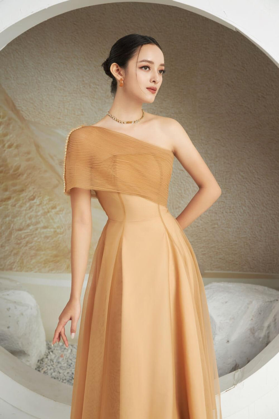 Turkel A-line One Shoulder Mesh Sheer Midi Dress 2
