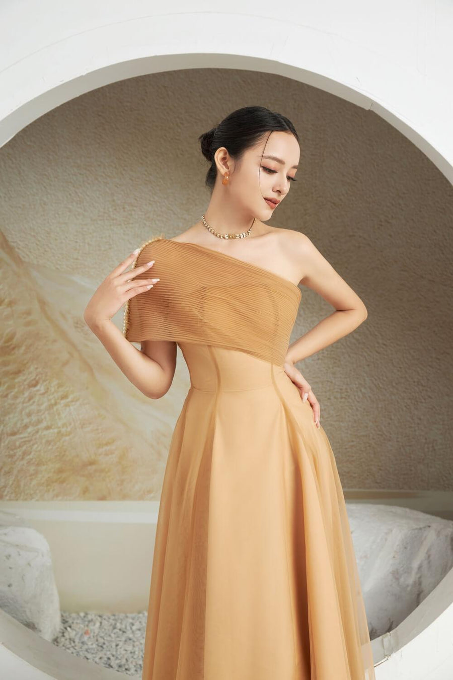 Turkel A-line One Shoulder Mesh Sheer Midi Dress 3