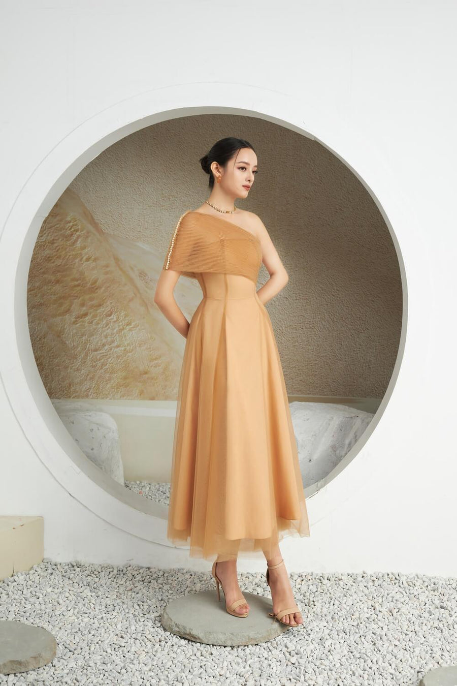 Turkel A-line One Shoulder Mesh Sheer Midi Dress 5