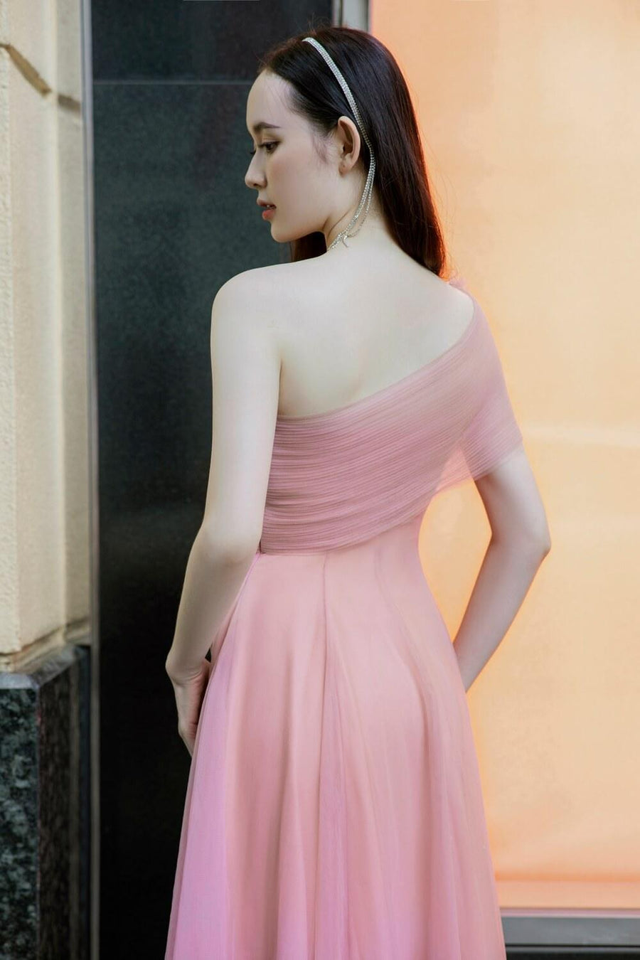 Turkel A-line One Shoulder Mesh Sheer Midi Dress 9