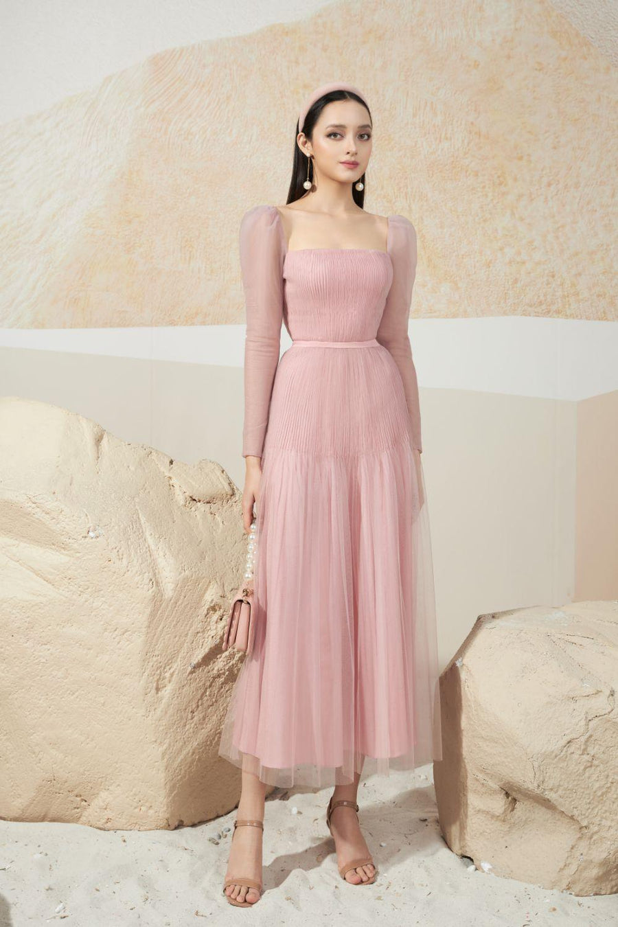 Tyler A-line Square Neck Mesh Sheer Midi Dress 1