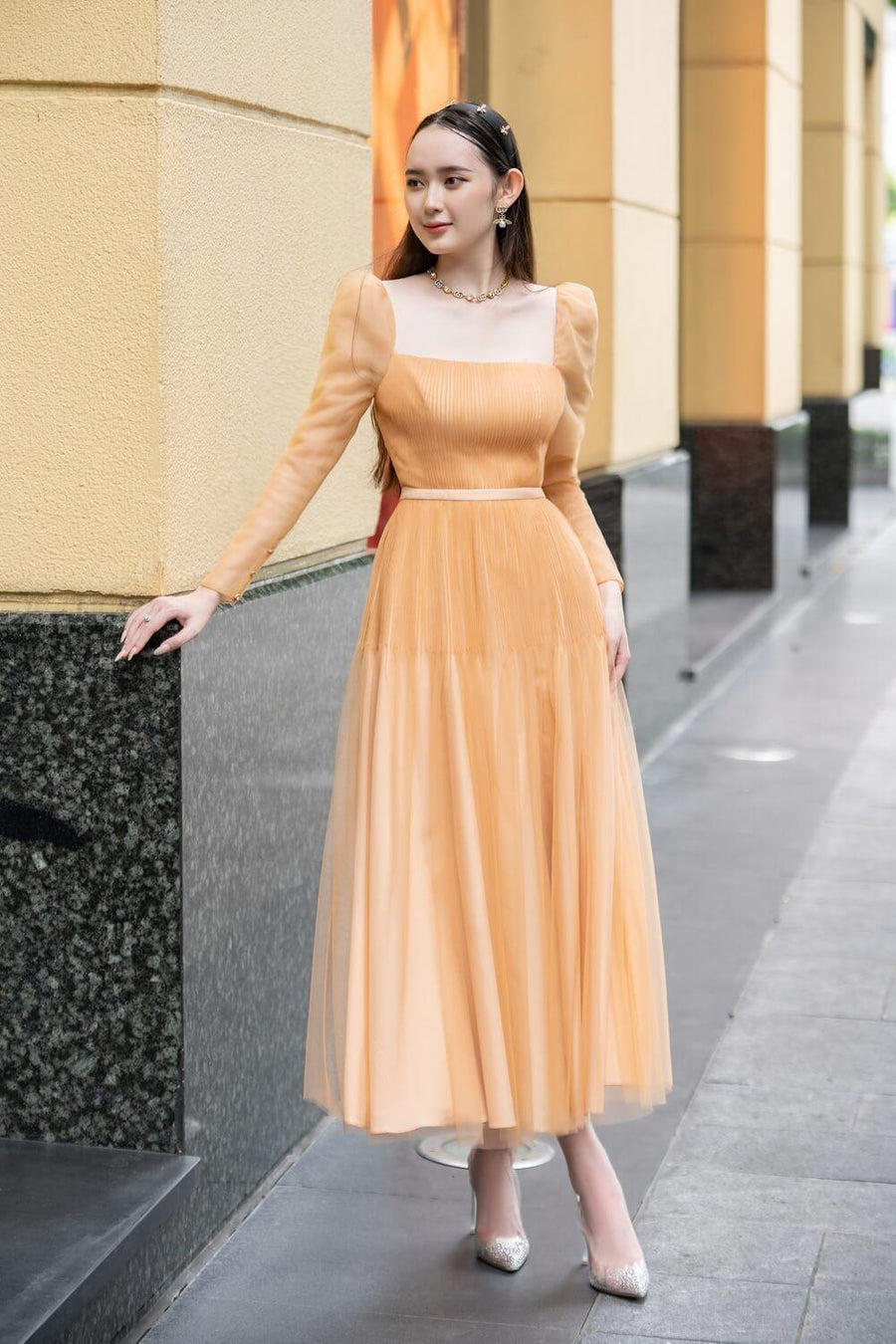 Tyler A-line Square Neck Mesh Sheer Midi Dress 11