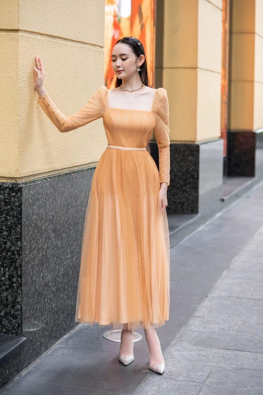 Tyler A-line Square Neck Mesh Sheer Midi Dress 15