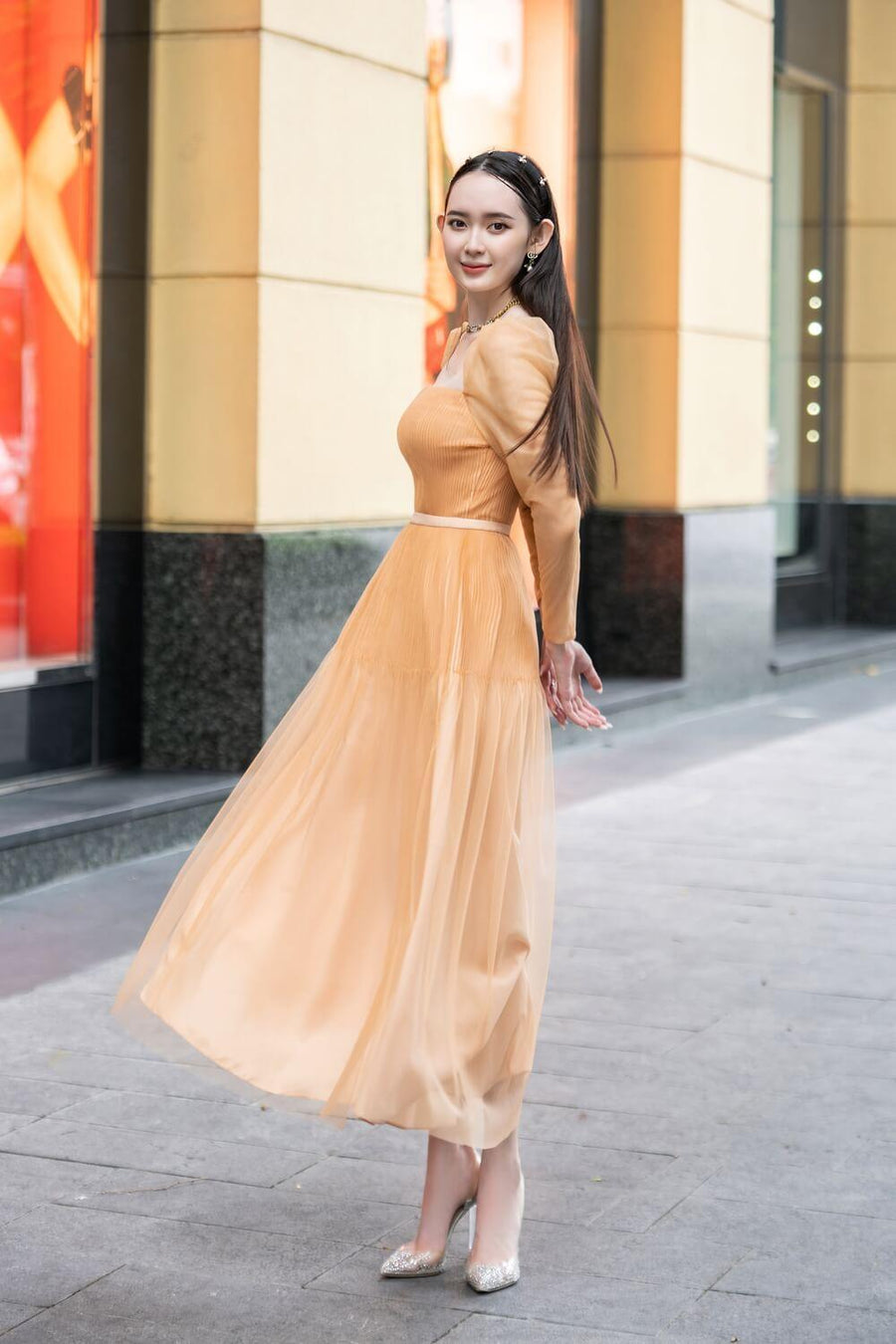 Tyler A-line Square Neck Mesh Sheer Midi Dress 16