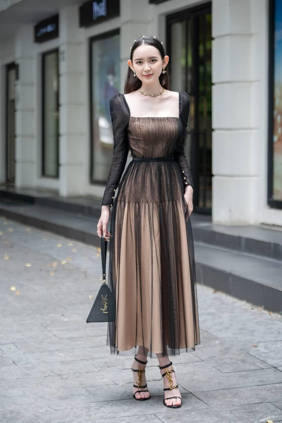 Tyler A-line Square Neck Mesh Sheer Midi Dress 17
