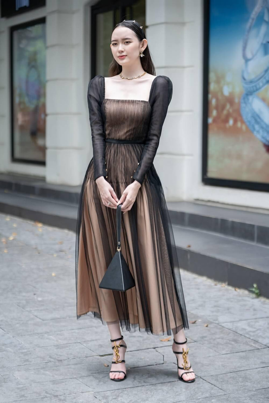 Tyler A-line Square Neck Mesh Sheer Midi Dress 19