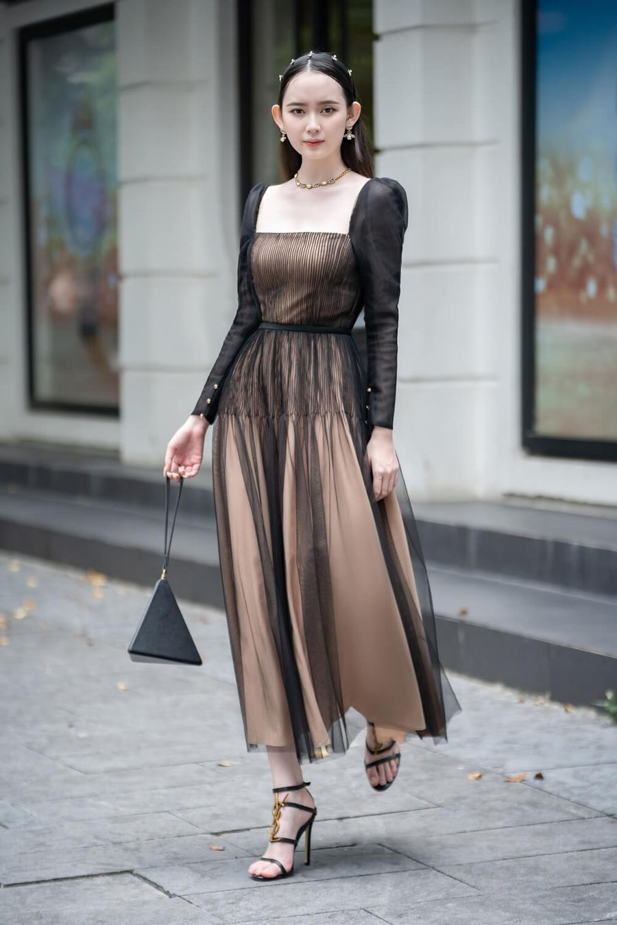 Tyler A-line Square Neck Mesh Sheer Midi Dress 20