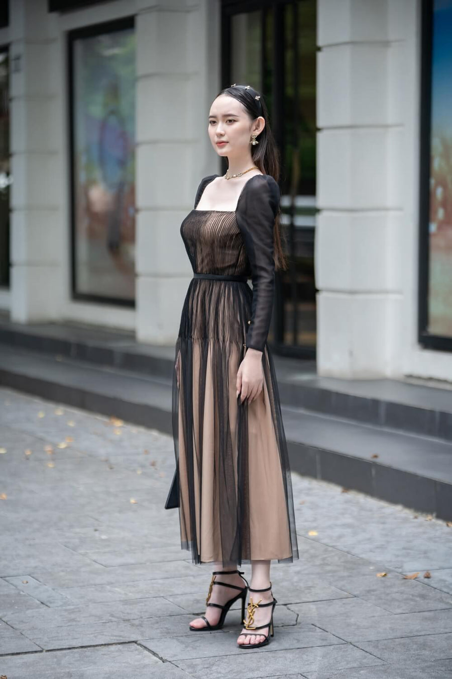 Tyler A-line Square Neck Mesh Sheer Midi Dress 21