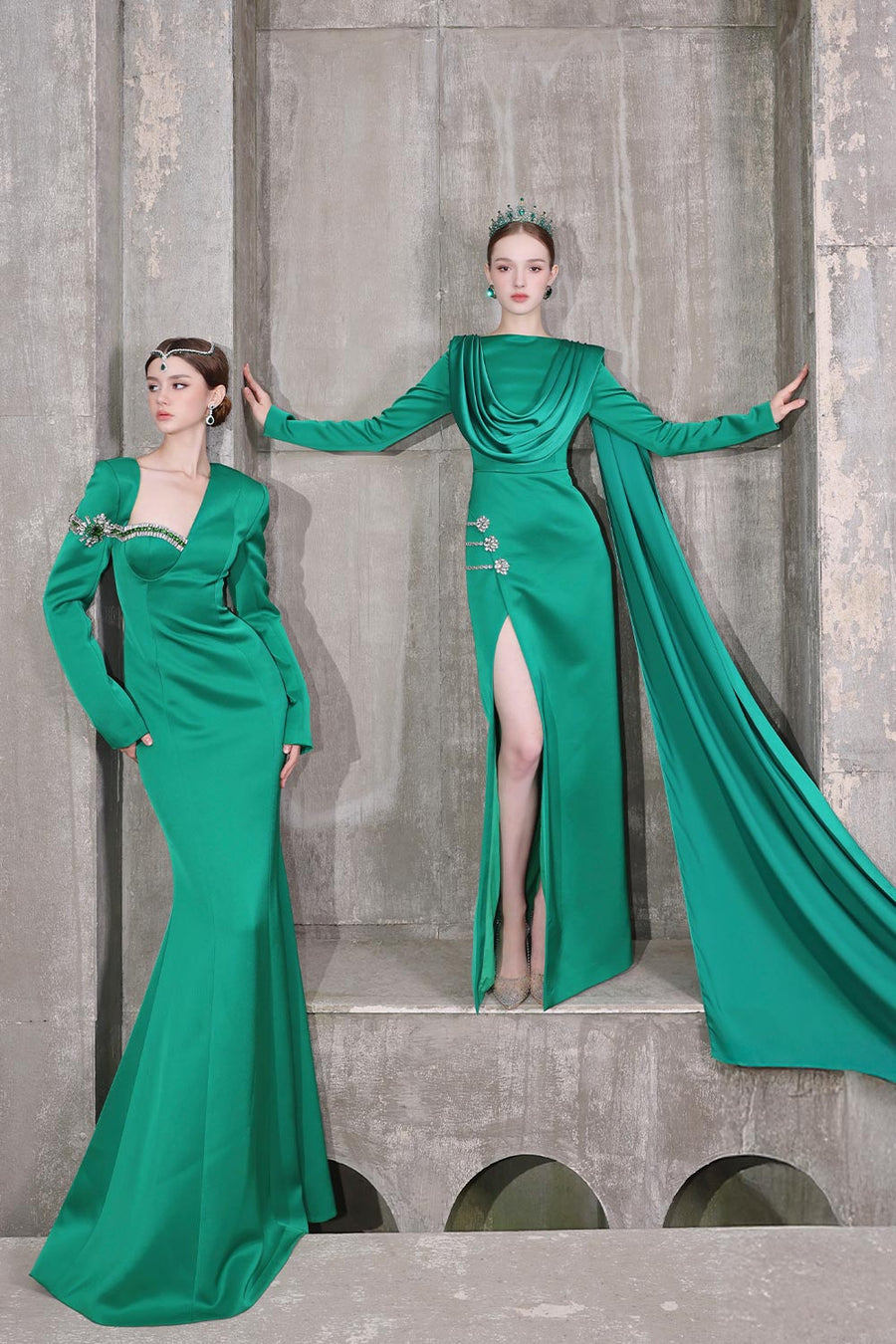 Verdant Mermaid Diagonal Neck Taffeta Floor Length Dress 7