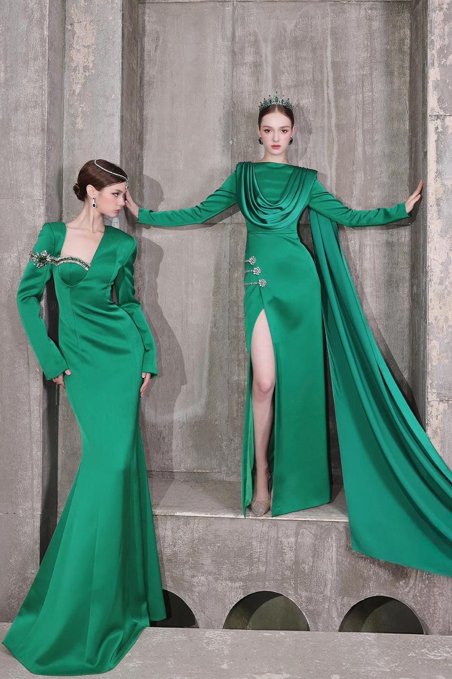 Verdant Mermaid Diagonal Neck Taffeta Floor Length Dress 8