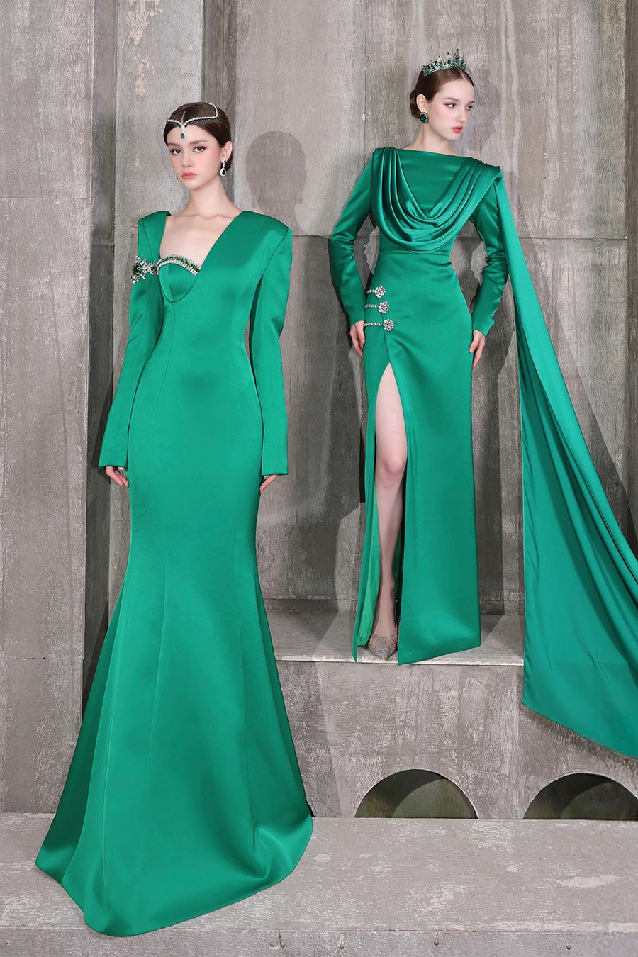 Verdant Mermaid Diagonal Neck Taffeta Floor Length Dress 9