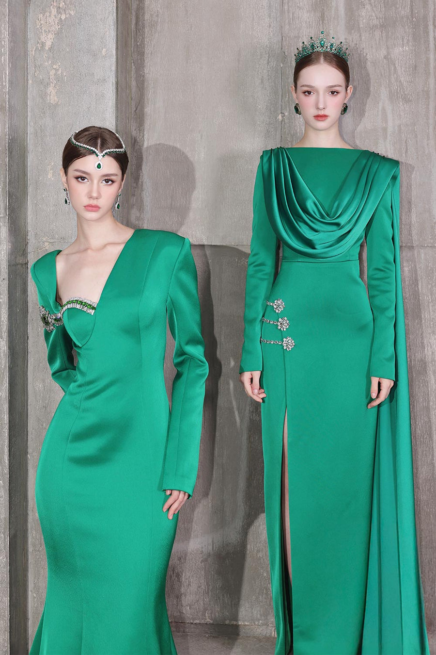 Verdant Mermaid Diagonal Neck Taffeta Floor Length Dress 10