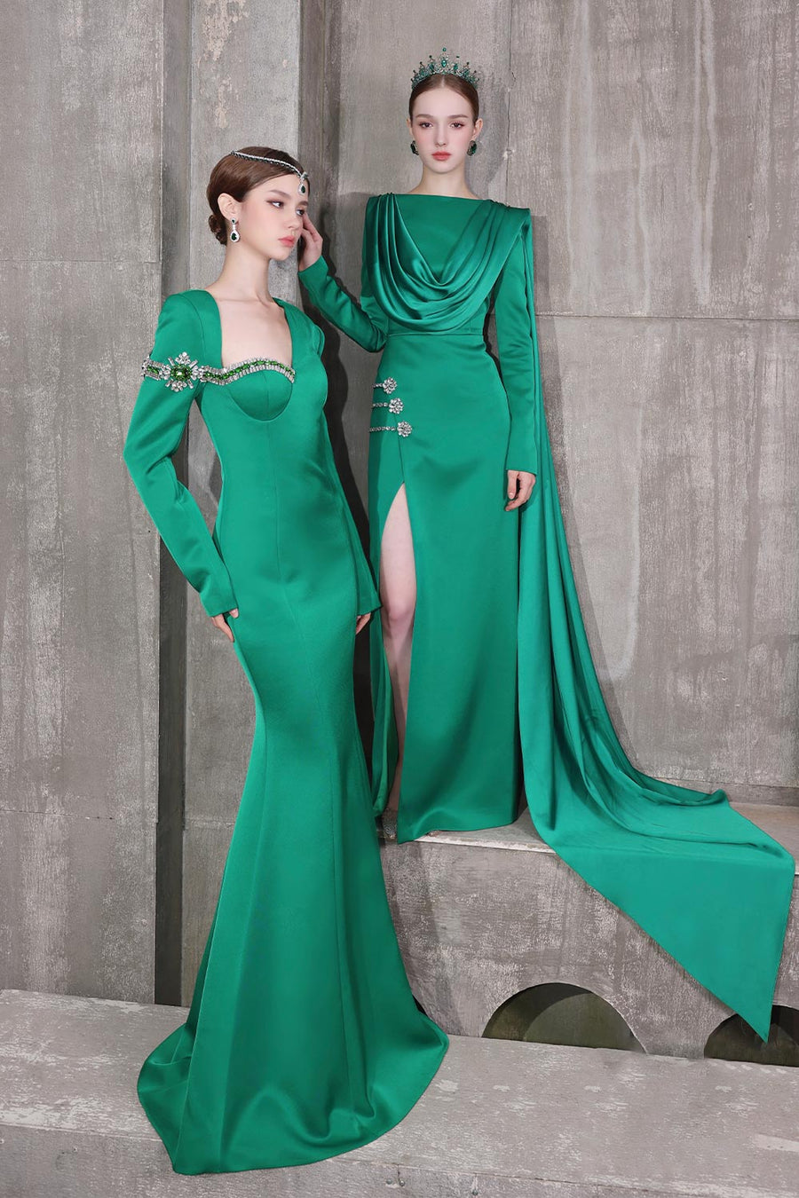 Verdant Mermaid Diagonal Neck Taffeta Floor Length Dress 11