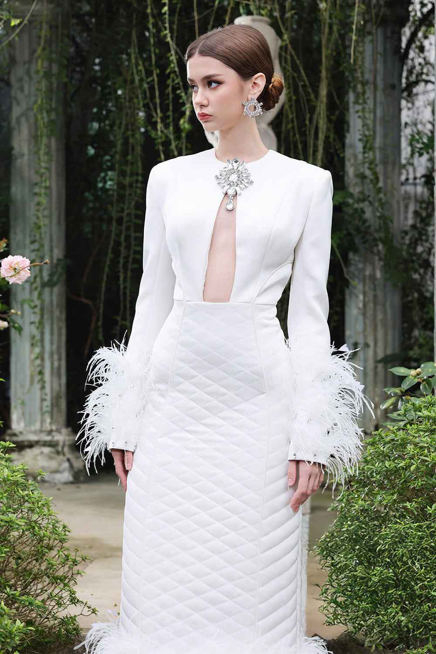 Crystal Sheath Fringed Taffeta Ankle Length Dress