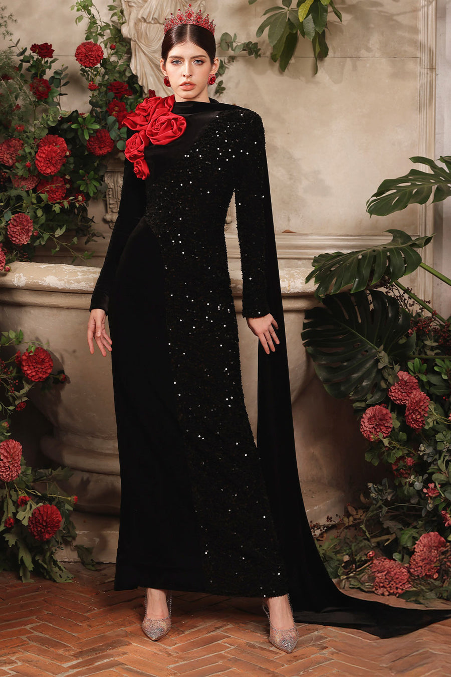 Sparkling Sheath Extended Flap Velvet Ankle Length Dress 4