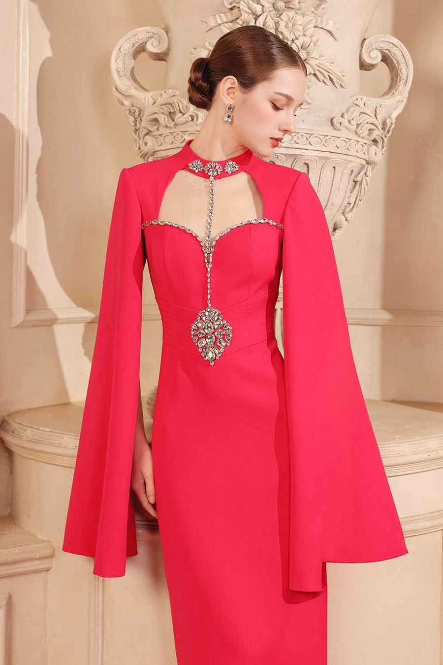 Garnet Sheath Cape Sleeved Twill Floor Length Dress