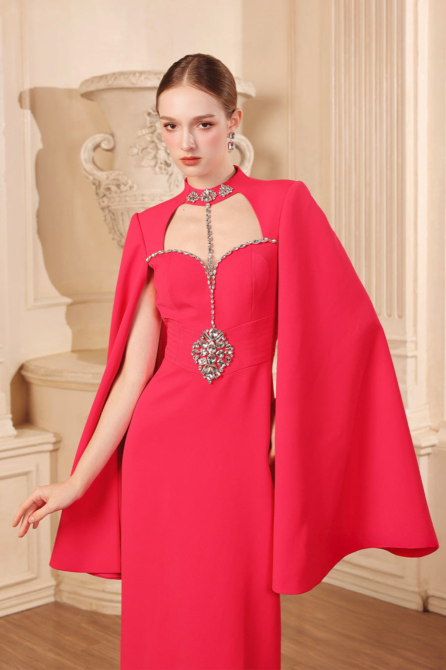 Garnet Sheath Cape Sleeved Twill Floor Length Dress 6