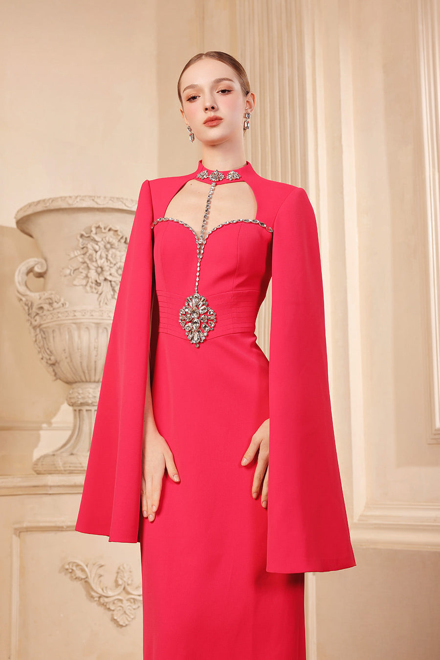 Garnet Sheath Cape Sleeved Twill Floor Length Dress 7