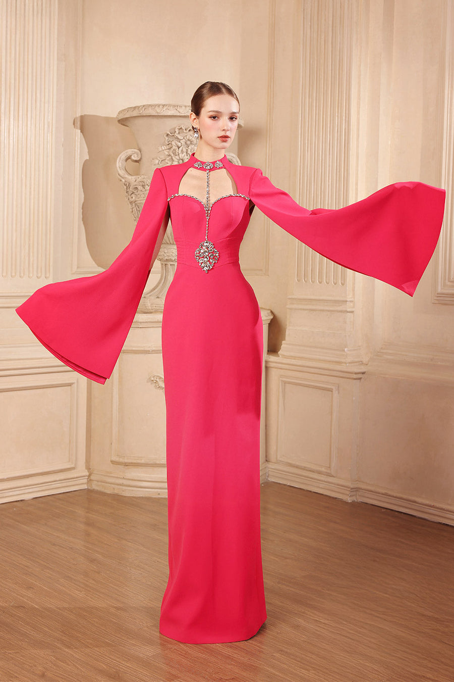 Garnet Sheath Cape Sleeved Twill Floor Length Dress 9