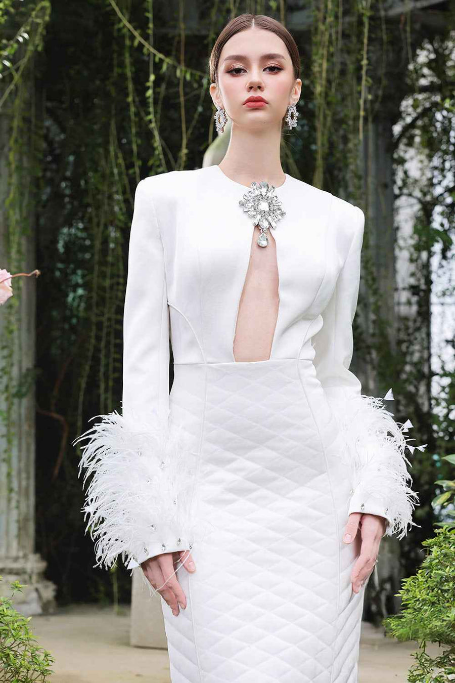 Crystal Sheath Fringed Taffeta Ankle Length Dress
