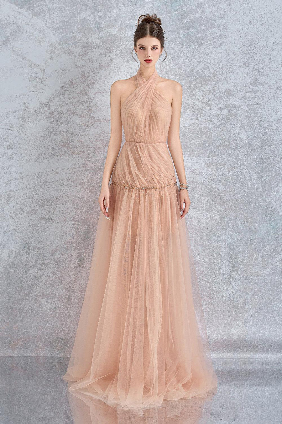Uranette Gathered Criss Cross Neck Mesh Floor Length Dress Gown Dress Calista de Minh Thanh