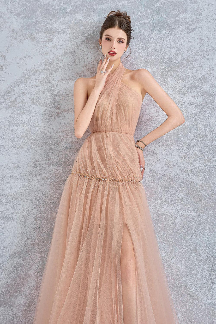 Uranette Gathered Criss Cross Neck Mesh Floor Length Dress Gown Dress Calista de Minh Thanh