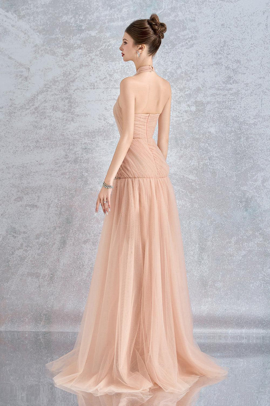 Uranette Gathered Criss Cross Neck Mesh Floor Length Dress Gown Dress Calista de Minh Thanh