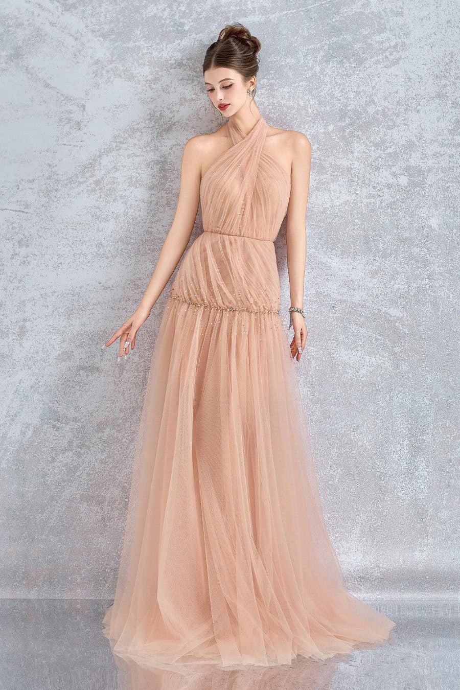 Uranette Gathered Criss Cross Neck Mesh Floor Length Dress Gown Dress Calista de Minh Thanh