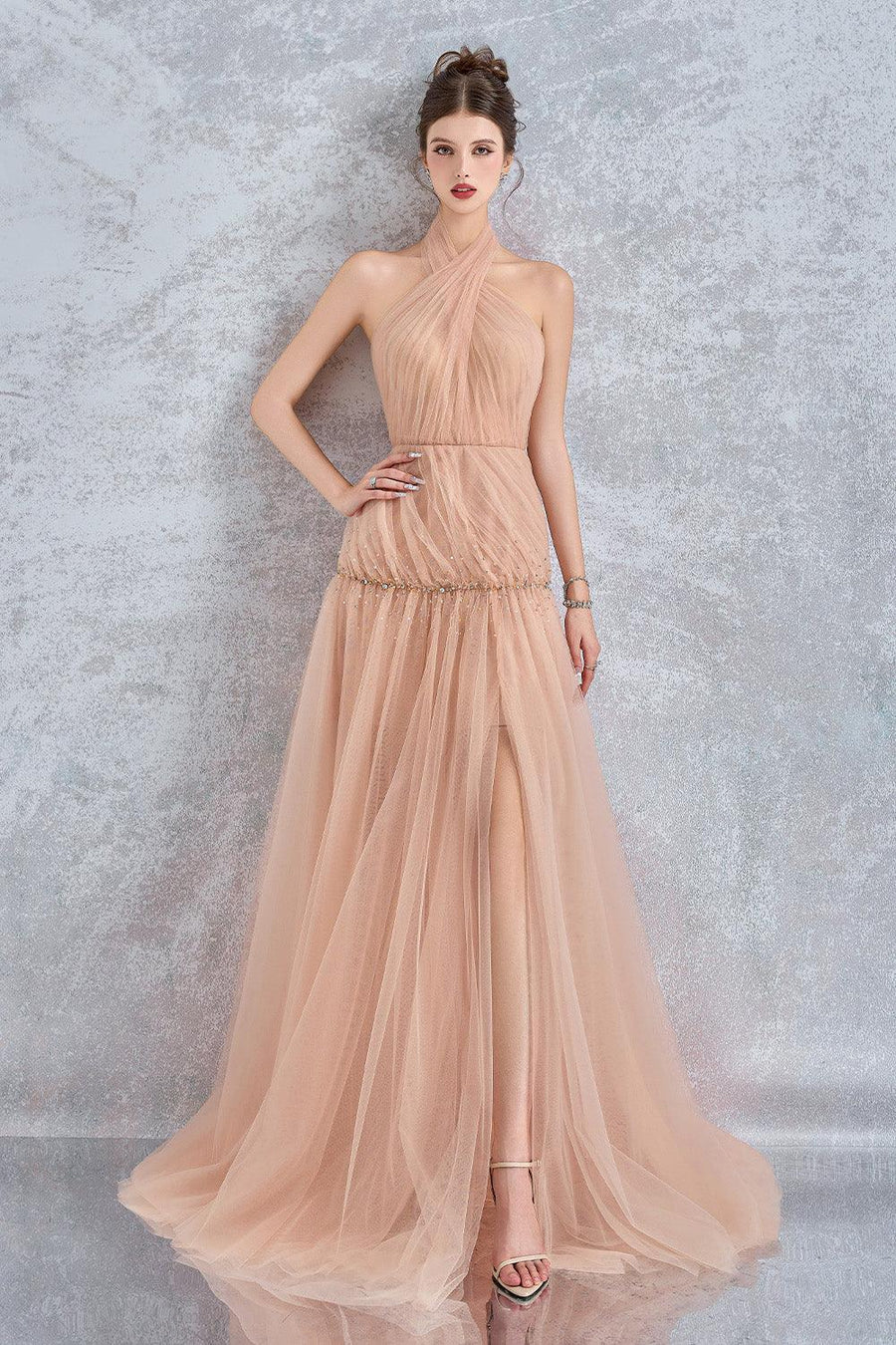 Uranette Gathered Criss Cross Neck Mesh Floor Length Dress Gown Dress Calista de Minh Thanh
