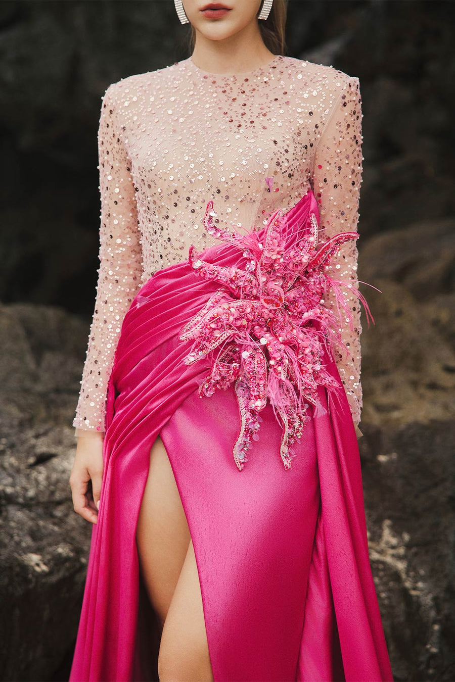 Ila Slit Sequin Duchess Satin Floor Length Dress 2